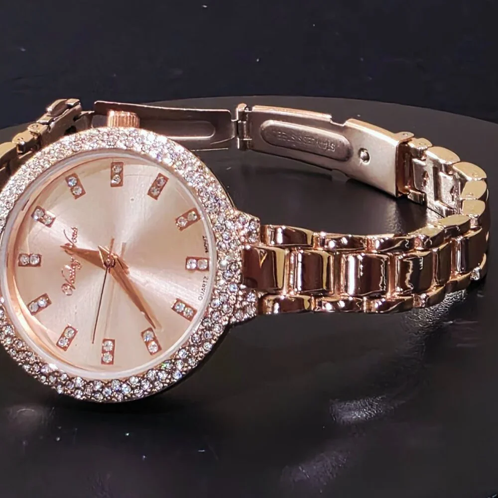 Voulez Vous Rose Gold Pink Crystal Accent Narrow Band Womens Wrist Watch New Bat